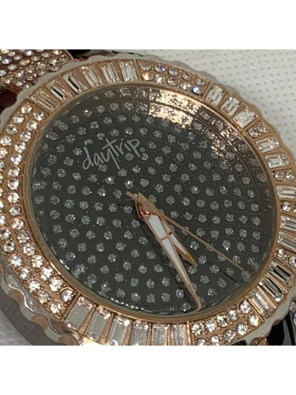 DayTrip iced dial gold black tone women watch large case 46mm size 6.5” running